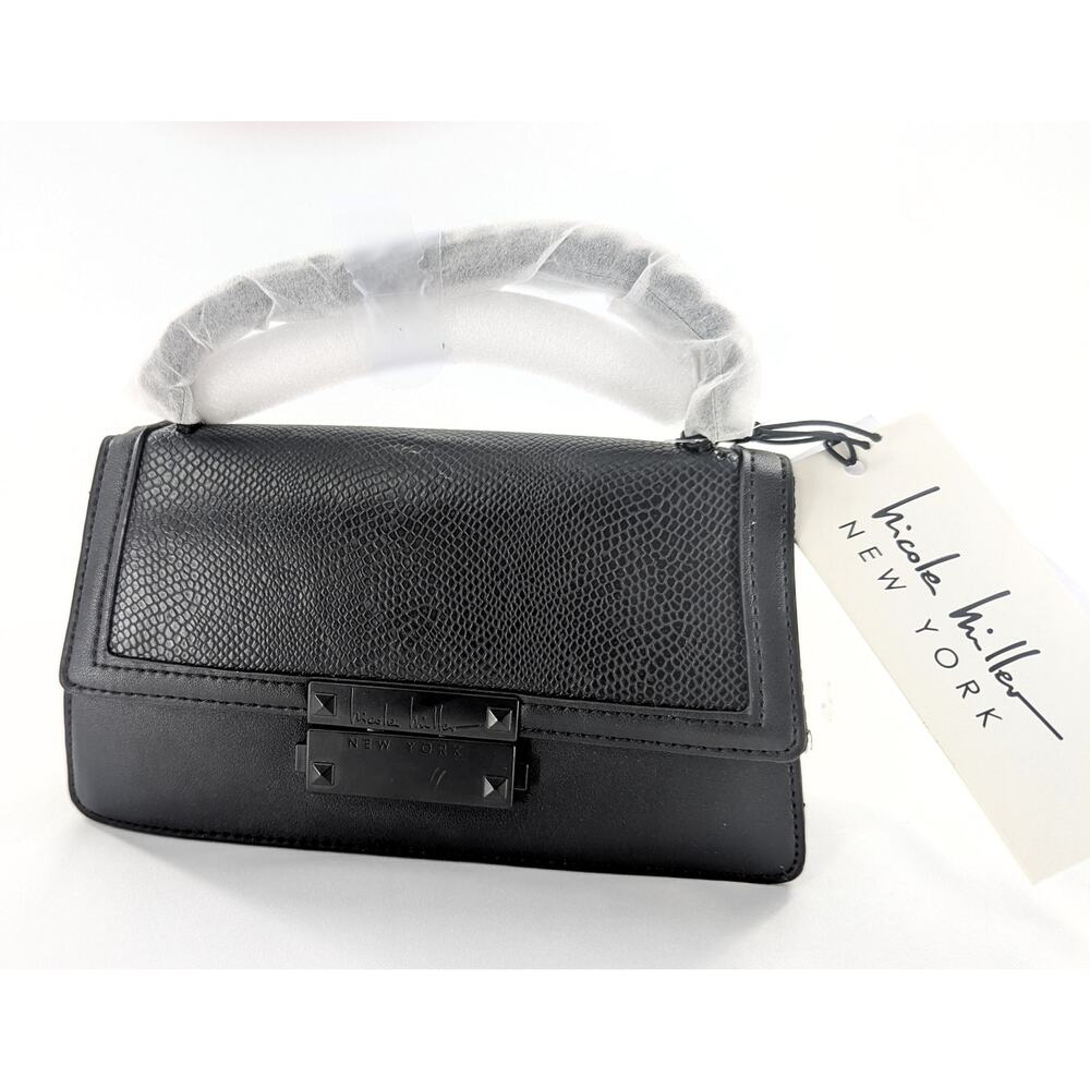 Nicole Miller Black Faux Leather Bag Purse With Chain Accent - Picture 12 of 12